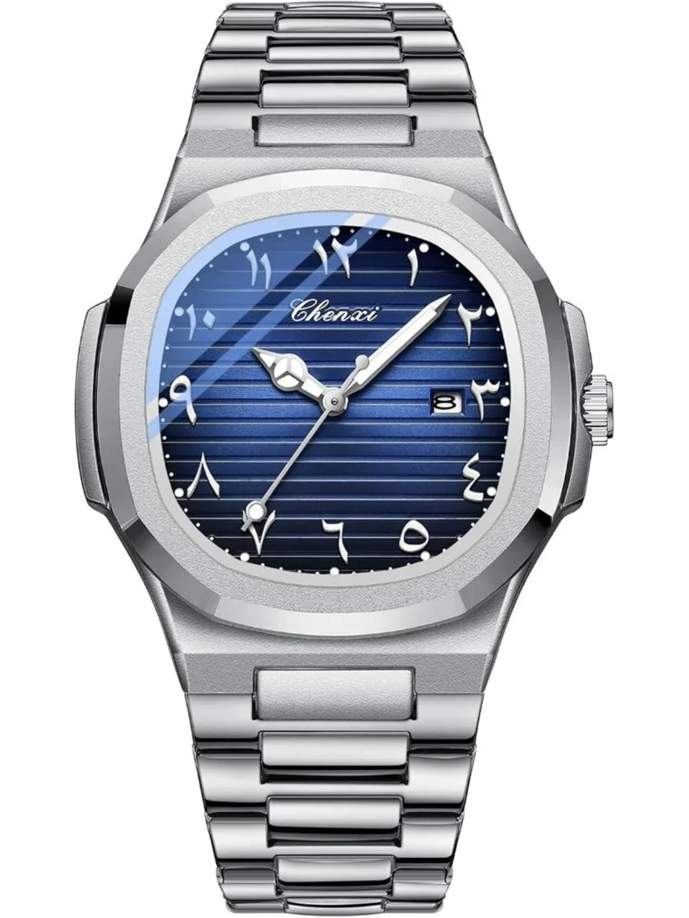 Men's Silver Blue Stainless Steel Strap Quartz Movement Waterproof Wrist Watch